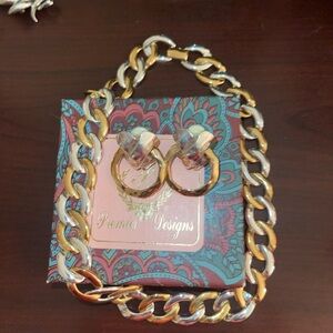 Premier Designs Gold and Silver Tone Clip On Earrings &  17” Necklace